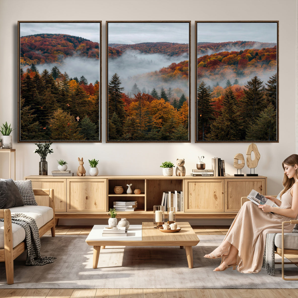 26686263-_Poster-30x20 - Misty Autumn Forest Mountain Canvas Print 3 Panel Wall Art Gallery Wrapped Floating Frame Poster Made in USA