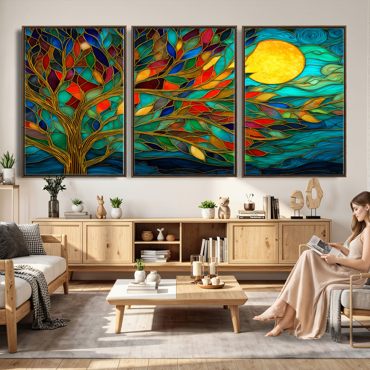 11877152-MGV-CV-36X24 - Stained Glass Tree Of Life Wall Art - Vibrant Mosaic Nature Home Decor