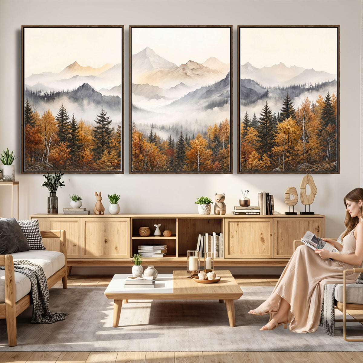 19544118-MGV-TP-30X20 - Misty Mountain Autumn Forest Canvas Wall Art - Watercolor Fall Nature Landscape Print