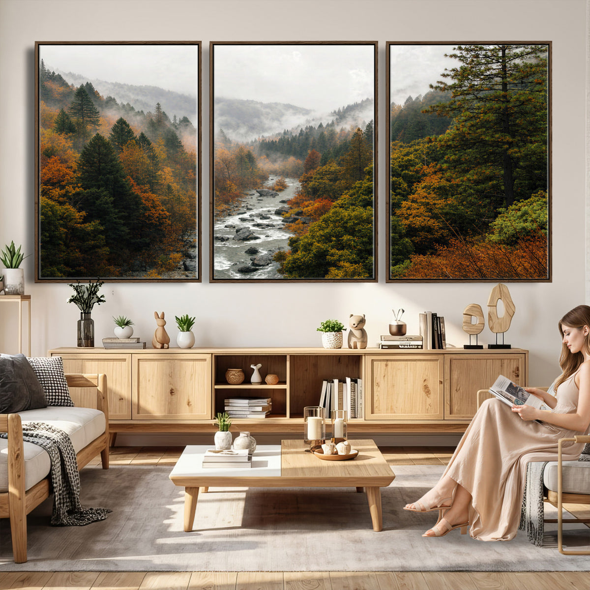 95540697-MGV-TP-30X20 - Misty River Mountain Valley Canvas Wall Art - Autumn Forest Landscape Nature Print