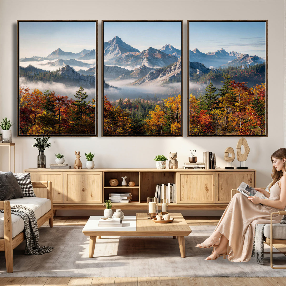 38847944-MGV-TP-30X20 - Majestic Mountain Peak Canvas Wall Art - Panoramic Autumn Forest Fog Landscape Print