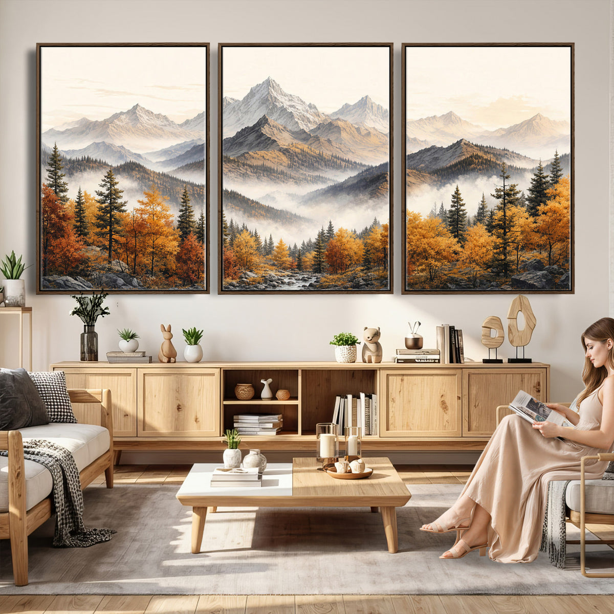 21309099-MGV-TP-30X20 - Extra Large Misty Mountain Autumn Forest Canvas Wall Art - Watercolor Fall Nature Landscape Print