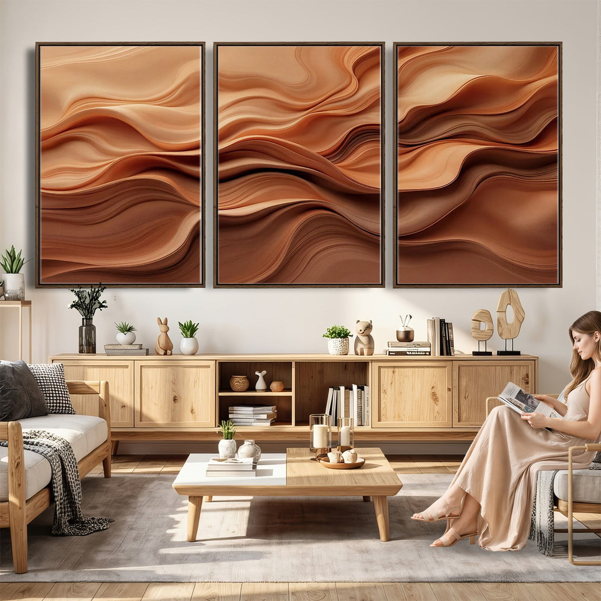 82230697-_Poster-30x20 - Modern Abstract Fluid Waves Canvas Wall Art - Minimalist Warm Terracotta Beige Sand Print