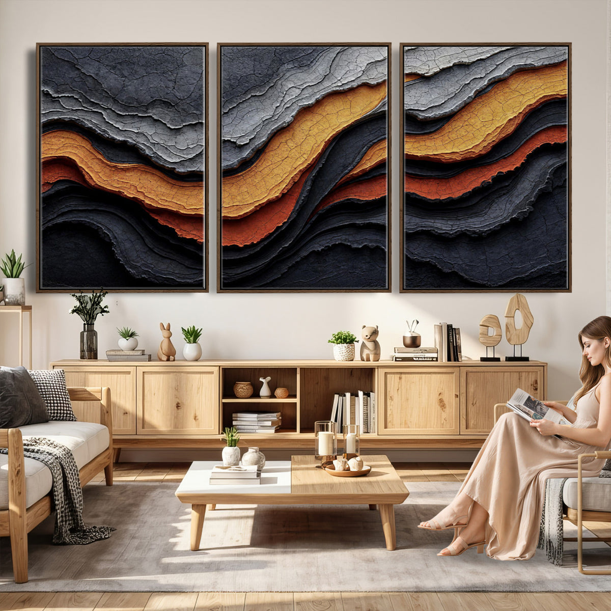 59852489-MGV-CV-36X24 - Abstract Waves Canvas Wall Art - Modern Terracotta and Charcoal Gray Print