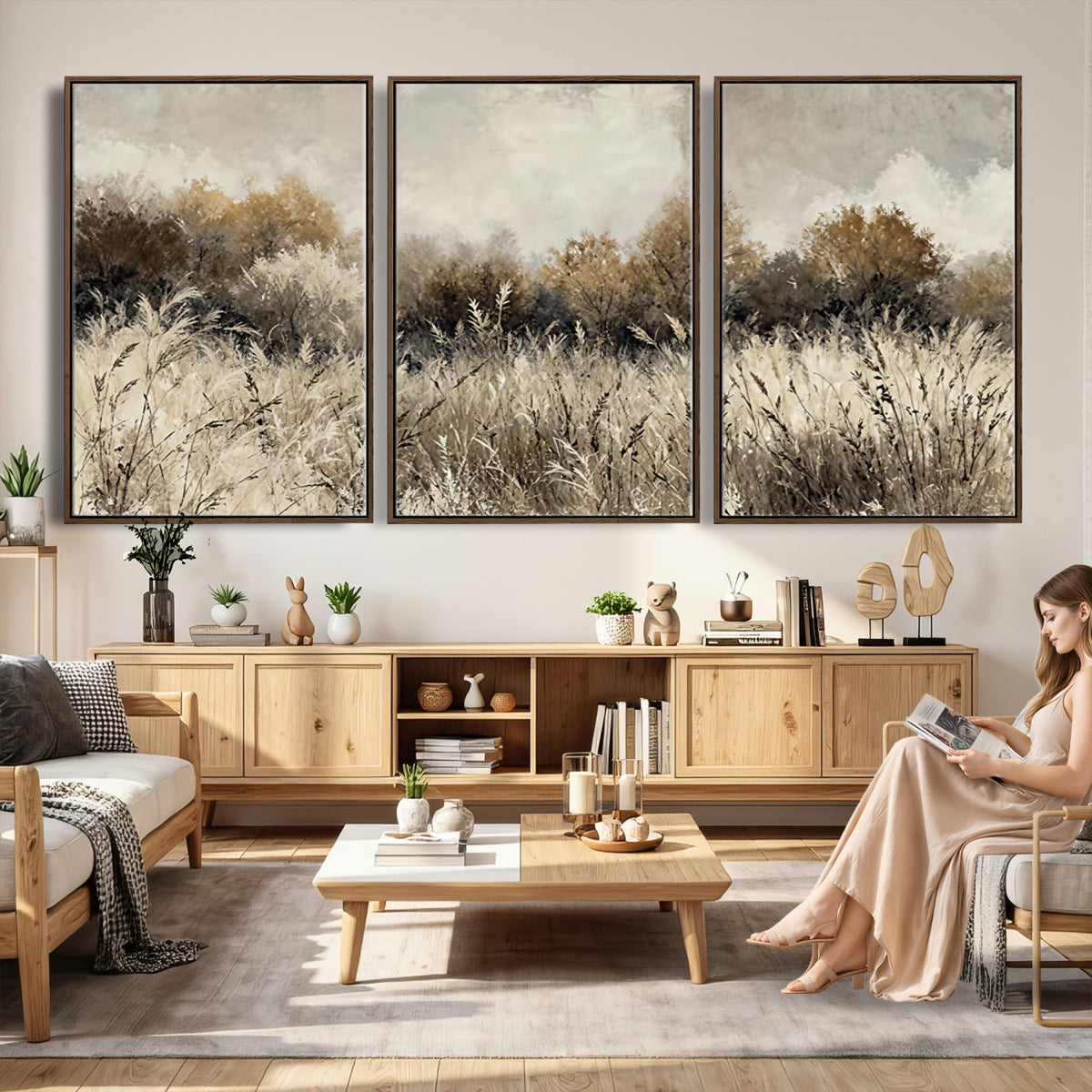 53959945-MGV-TP-30X20 - Muted Neutral Forest Landscape Canvas Wall Art - Vintage Rustic Wildflower Meadow Print