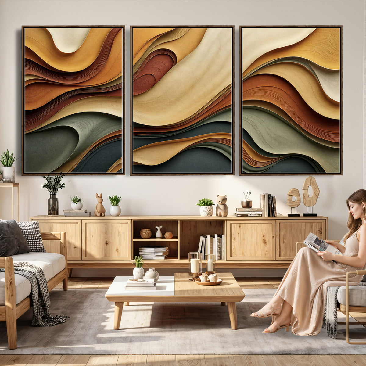 19337902-MGV-CV-36X24 - Modern Abstract Waves Canvas Wall Art - Minimalist Earthy Tone Living Room Decor