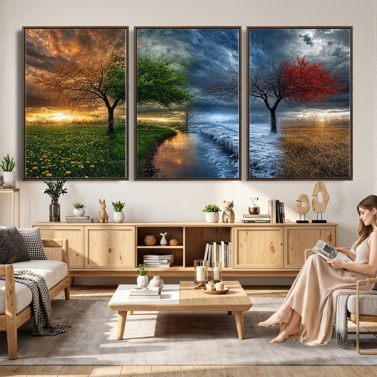 61895574-MGV-CV-24X16 - Four Seasons Tree Canvas Wall Art, Nature Landscape Canvas Print for Living Room