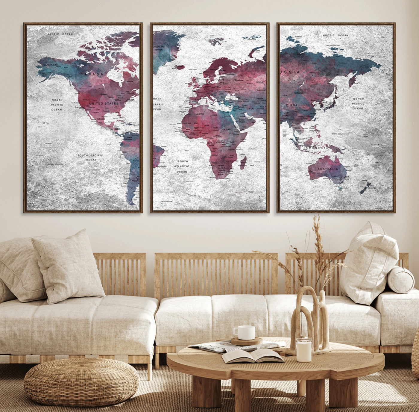 38212-MGV-FC-60X30-3P_Walnut-Modern Red and Gray World Map Canvas Print – Framed Push Pin Wall Art for Couples, Contemporary Travel Map Artwork for Home and Office Decor