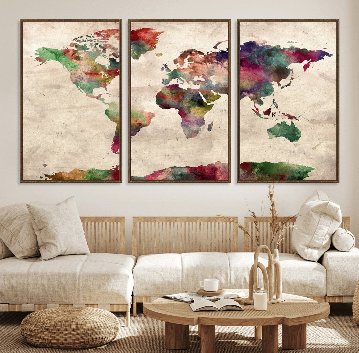 69476-MGV-FC-60X30-3P_Walnut-Watercolor World Map Canvas Print – Framed Push Pin Wall Art for Couples, Colorful Travel Map Artwork for Elegant Home and Office Decor