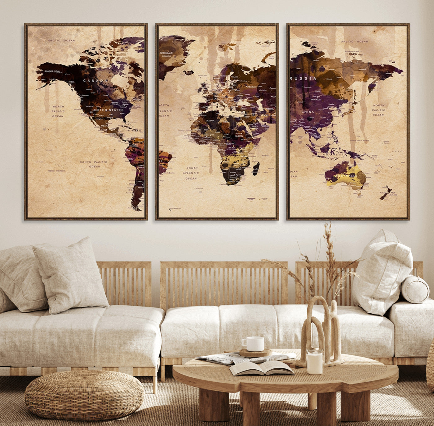 47333-MGV-FC-60X30-3P_Walnut-Vintage World Map Canvas Wall Art – Framed Push Pin Travel Map for Home and Office Decor
