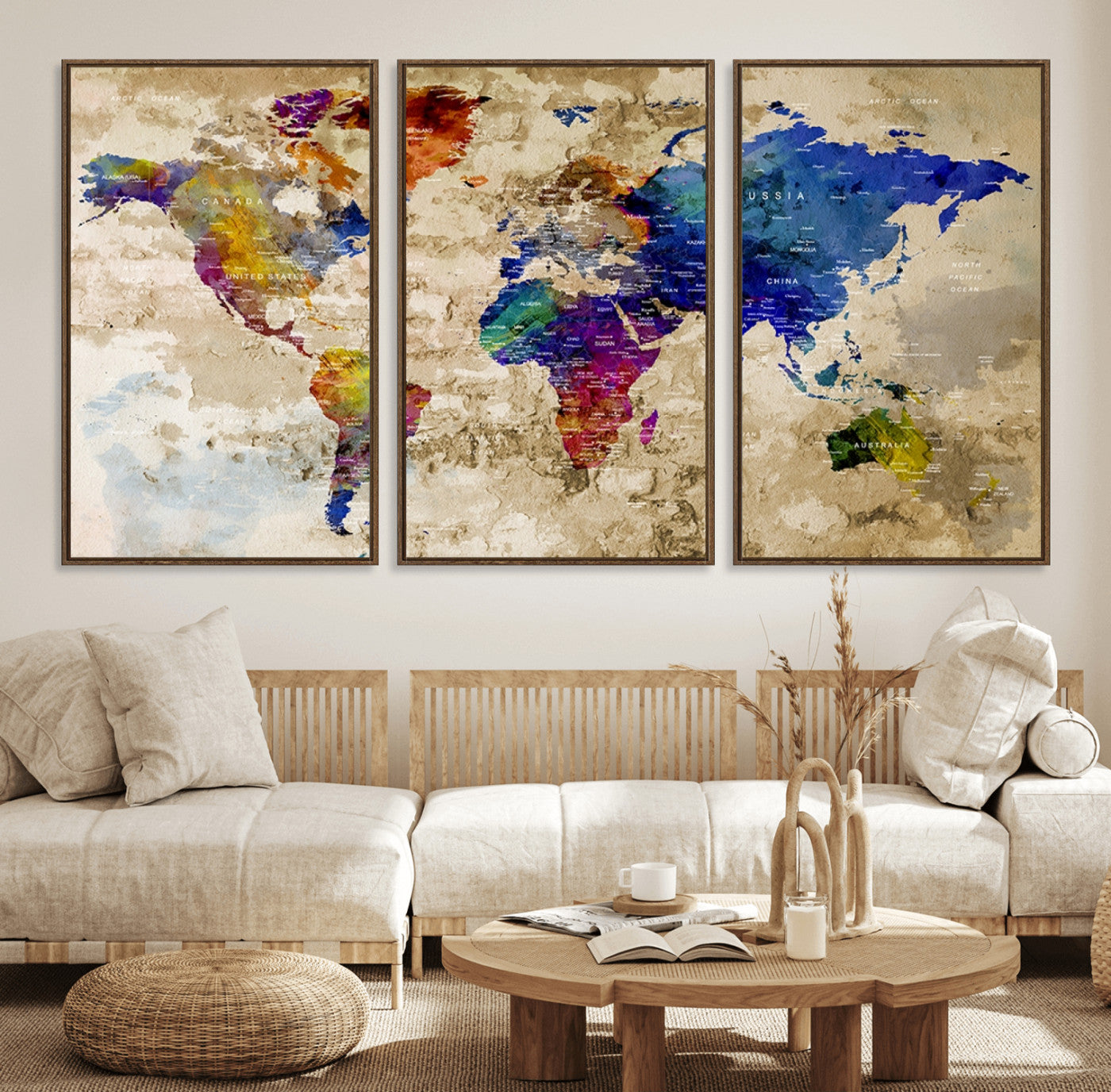 92939-MGV-FC-60X30-3P_Walnut-Colorful World Map Canvas Wall Art – Abstract Watercolor Map Print, Modern Travel Decor for Home Office or Study