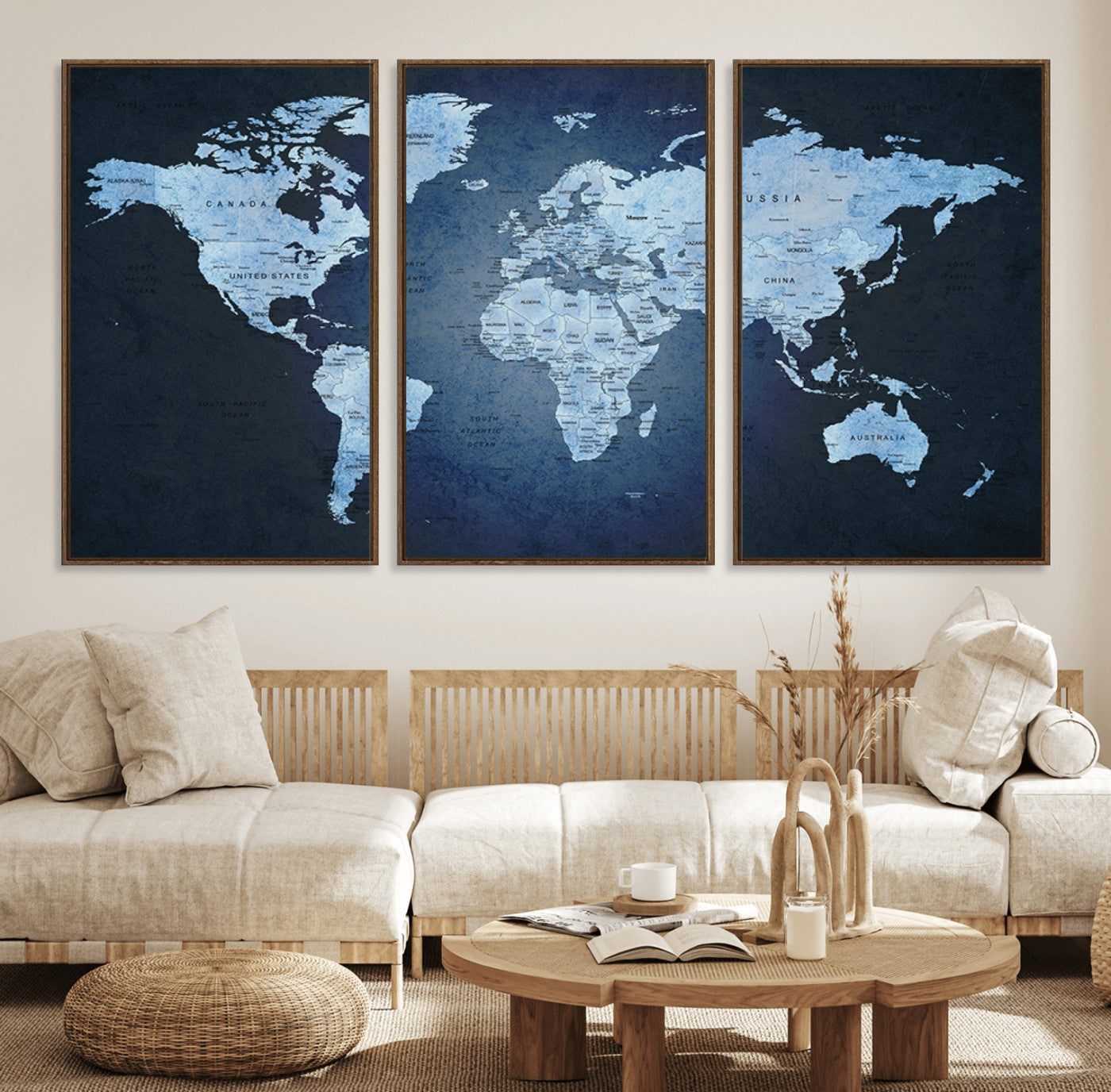 26249-MGV-FC-60X30-3P_Walnut-Blue World Map Canvas Wall Art – Framed Modern Push Pin Travel Map for Home and Office Decor, Elegant Navy Global Wall Artwork for Travelers