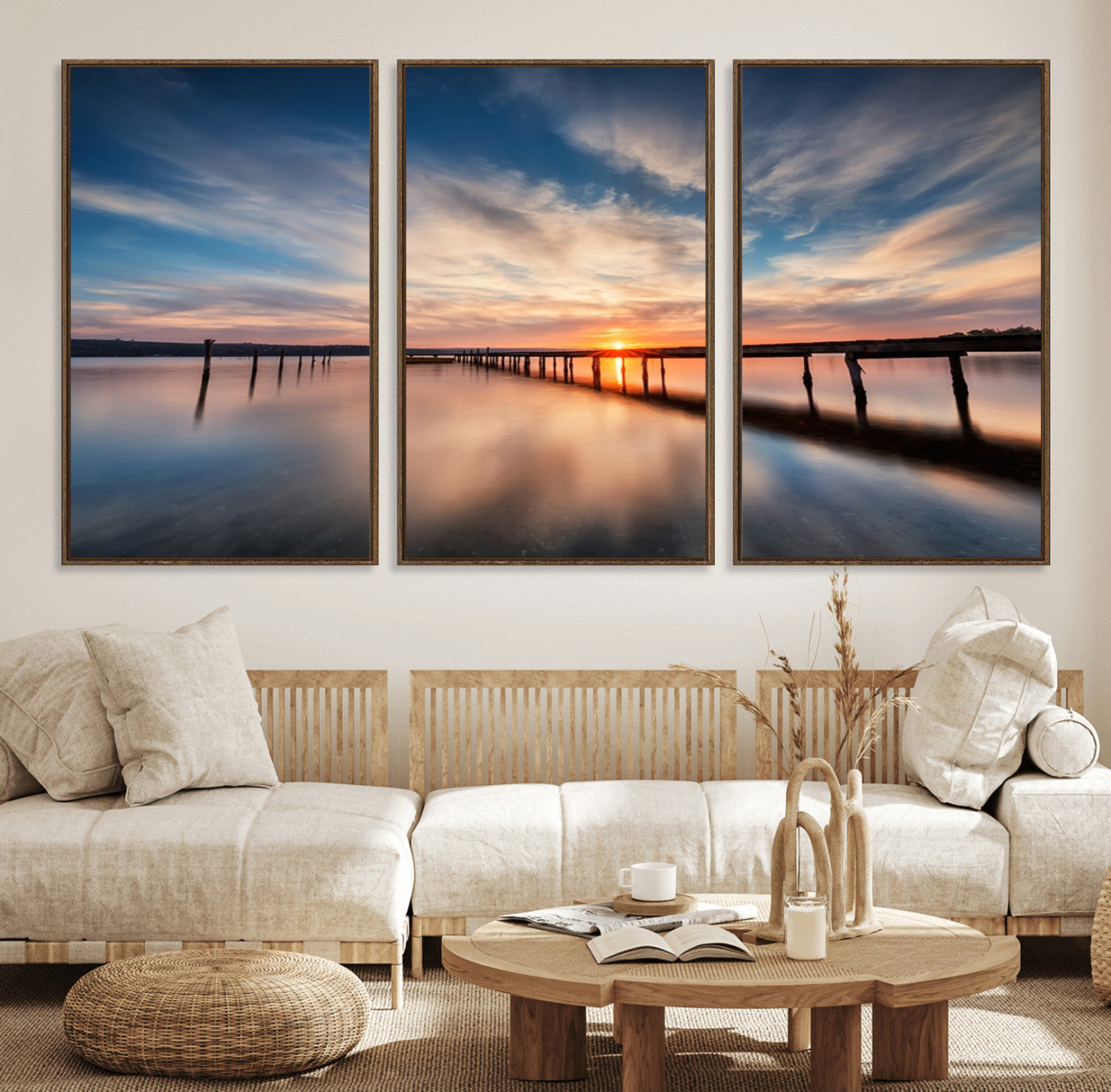 39967-MGV-FC-60X30-3P_Walnut-Wooden Pier on Seascape and Sunset Wall Art Canvas Print