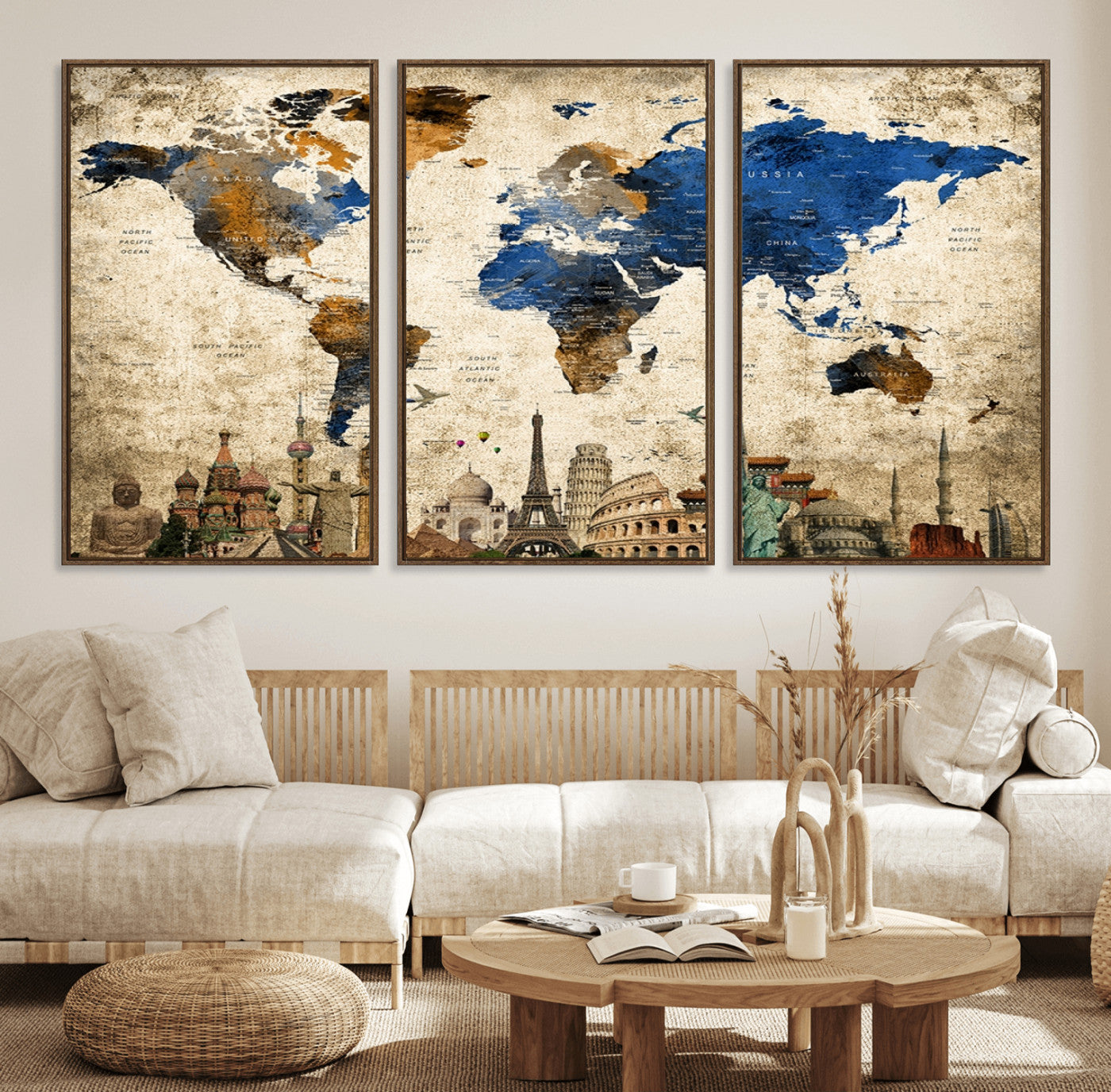 20261-MGV-FC-60X30-3P_Walnut-World Map Canvas Print – Vintage Blue and Gold World Map Wall Art, Framed Travel Inspired Decor for Living Room or Office