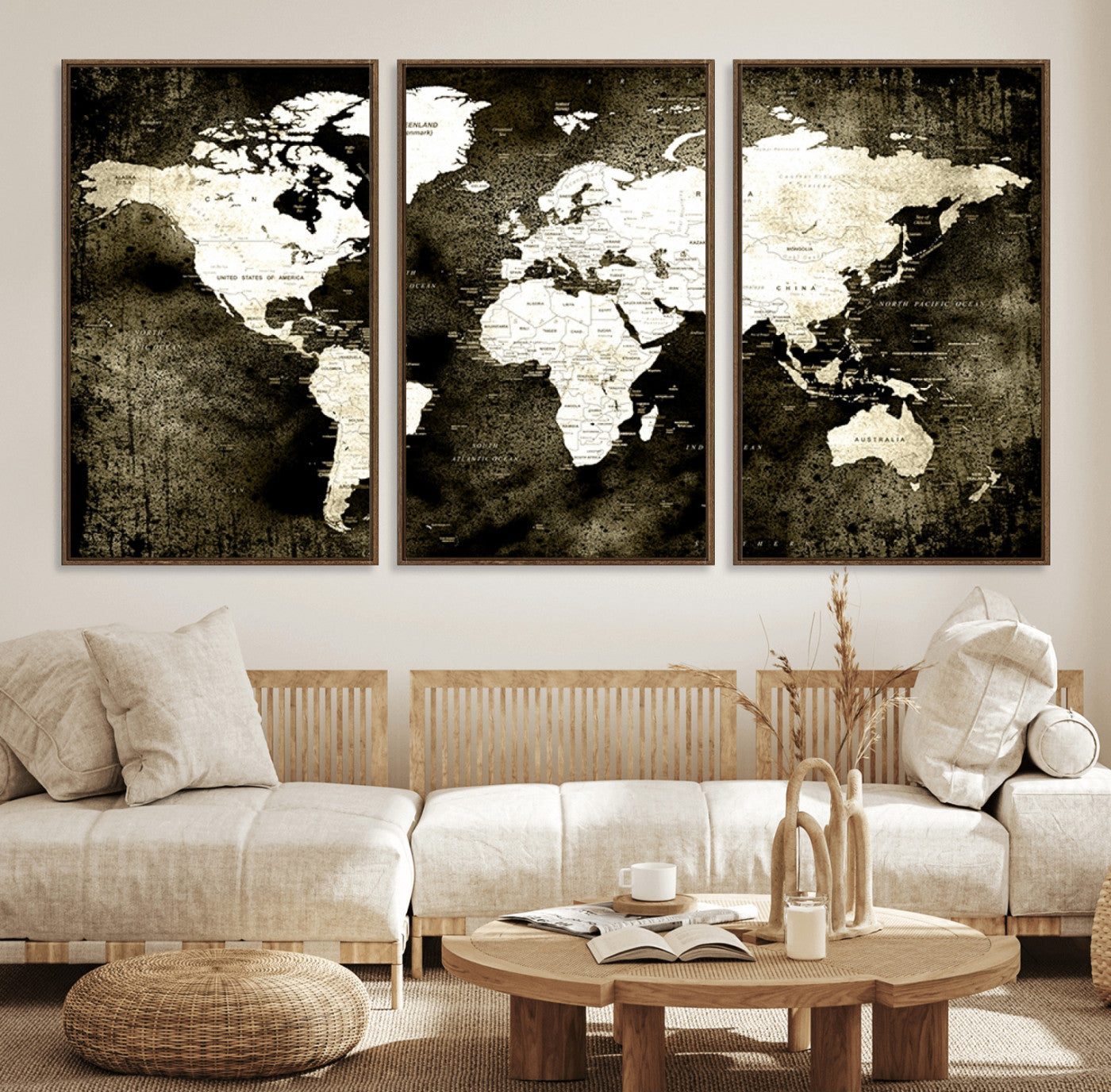66737-MGV-FC-60X30-3P_Walnut-Vintage World Map Canvas Wall Art – Framed Push Pin Travel Map for Home and Office Decor, Rustic Wall Artwork for Travelers