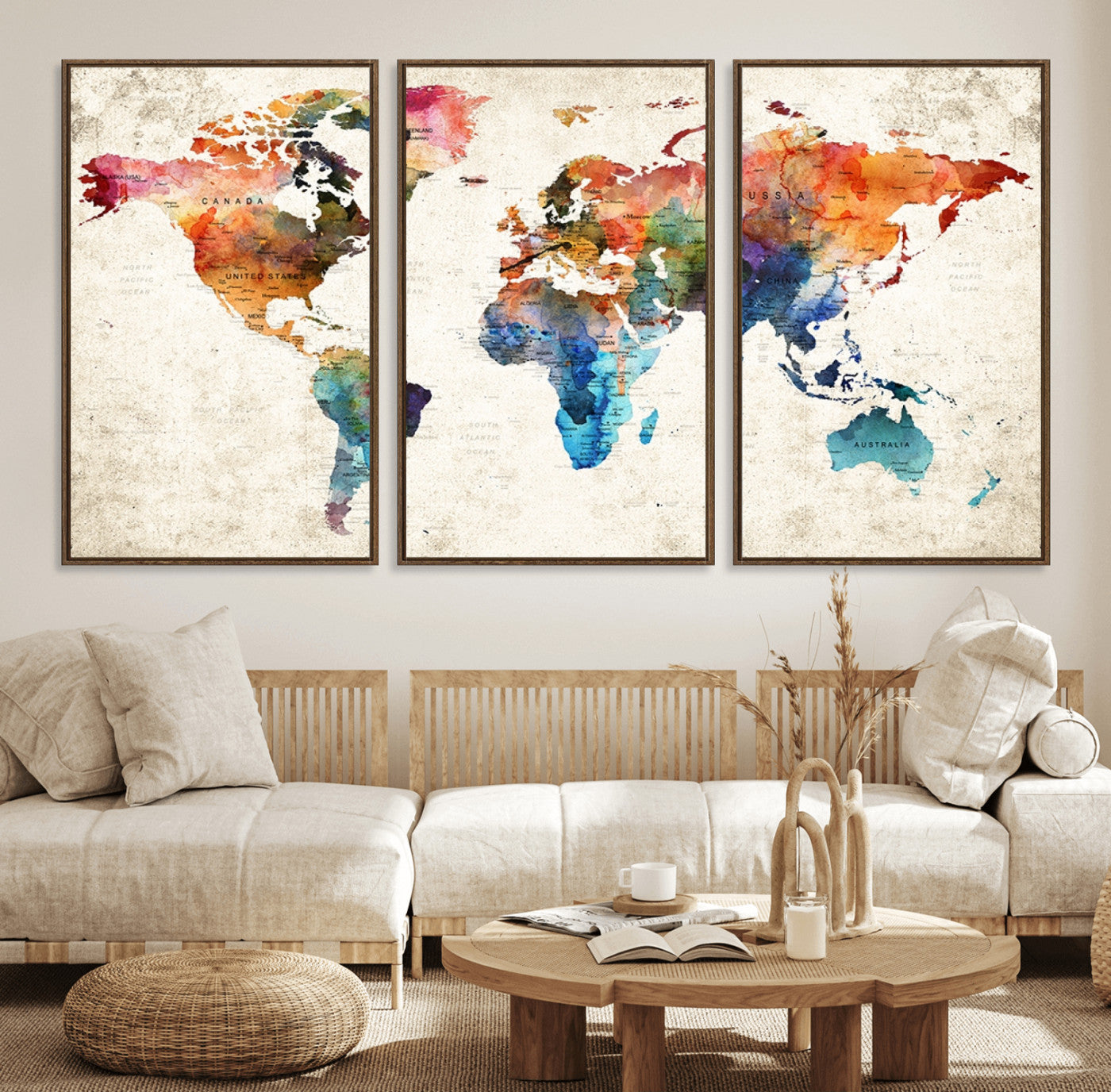 80150-MGV-FC-60X30-3P_Walnut-Personalized World Map Canvas Print – Colorful Watercolor Push Pin Travel Map, Framed Wall Art for Home or Office Decor
