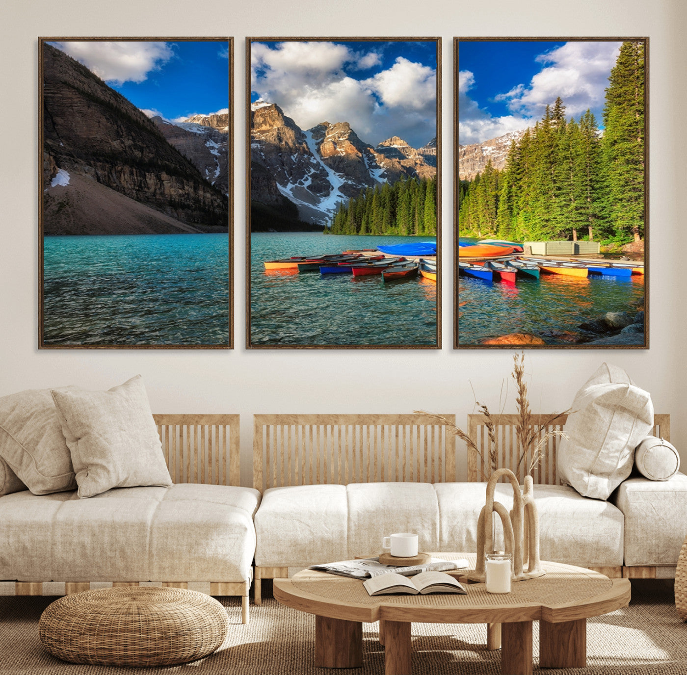 87658-MGV-FC-60X30-3P_Walnut-Moraine Lake 3-Panel Wall Art, Majestic Mountain and Lake Landscape Canvas Print Canoes on Moraine