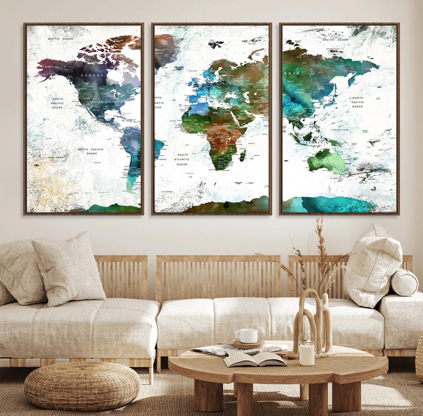13140-MGV-FC-60X30-3P_Walnut-Modern Watercolor World Map Canvas Wall Art – Framed Abstract Map Print, Contemporary Travel Artwork for Elegant Home and Office Decor