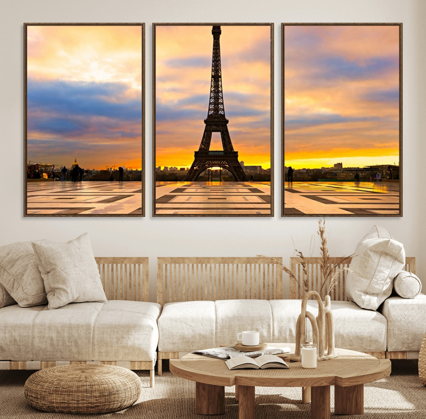 MGV-FC-60X30-3P - Paris Eiffel Tower Sunset Canvas Wall Art Print - Iconic Landmark Decor with Vibrant Colors