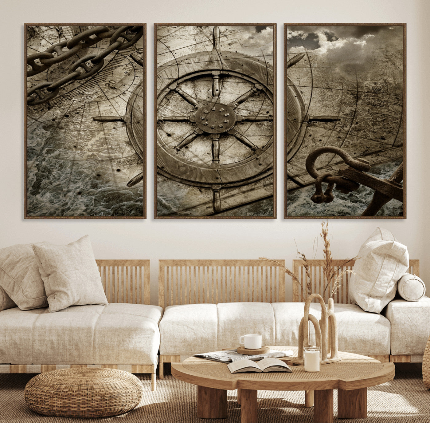 98180-MGV-FC-60X30-3P_Walnut-Wooden Ship Wheel Canvas Print, Multi Panel Canvas Wall Art Print