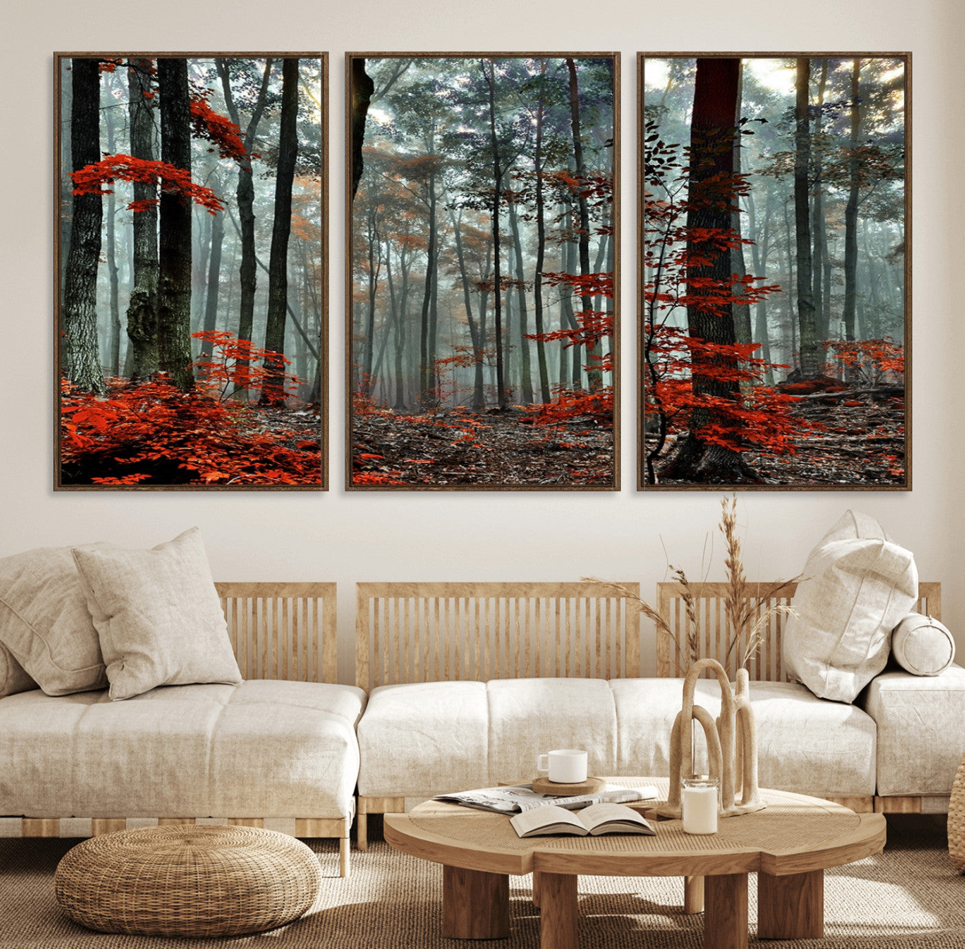 MGV-FC-60X30-3P - Autumn Forest Canvas Wall Art – Enchanting Red Leaves Triptych Print – Nature-Inspired Decor for