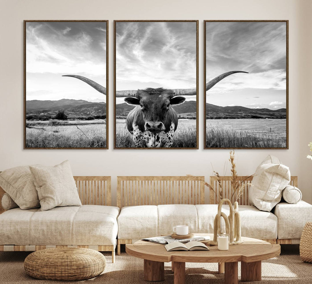 Modern living room featuring Longhorn Cow Wall Art Canvas Print.