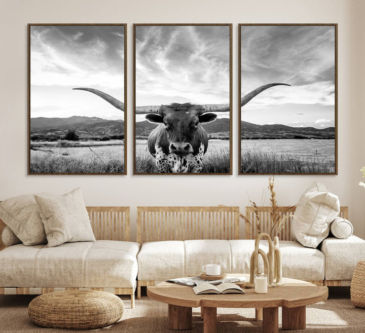 Longhorn Cow Wall Art Canvas Print Farmhouse Wall Art - Texas Longhorn Wall Art Print