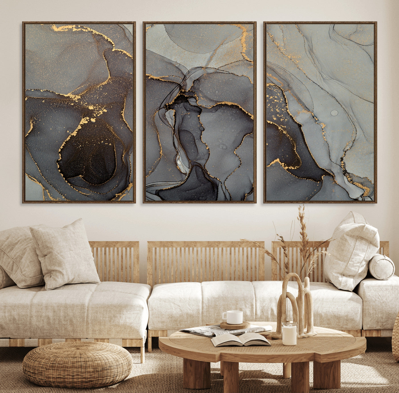 16762-MGV-FC-60X30-3P_Walnut-Gray Marble Fluid Wall Art – Modern Abstract Canvas Print with Elegant Flowing Patterns, Minimalist Luxury Decor for Living Room, Office, or Bedroom