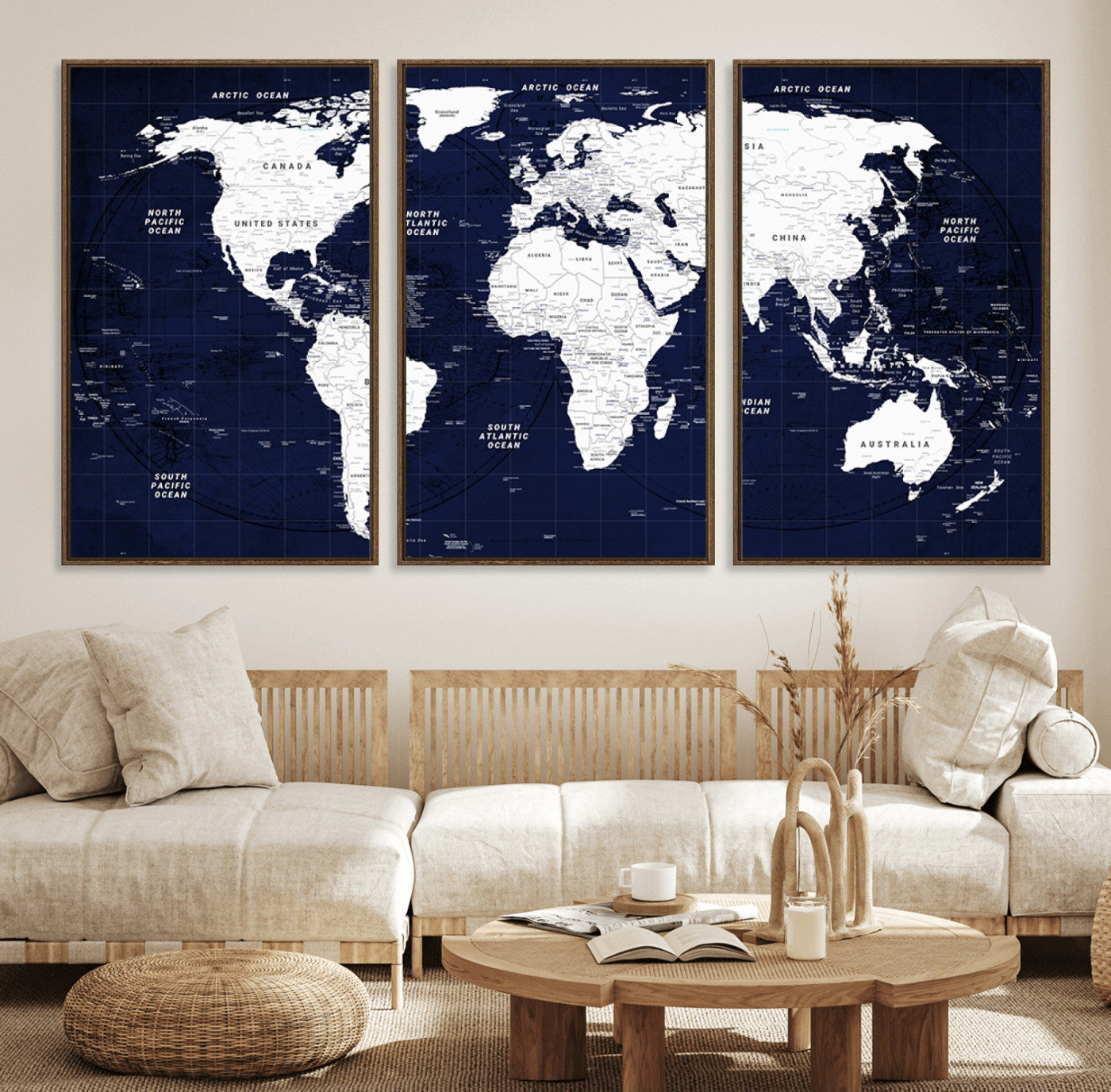 90649-MGV-FC-60X30-3P_Walnut-Navy Blue World Map Canvas Print – Modern Push Pin Travel Map Wall Art, Framed Contemporary Decor for Home or Office