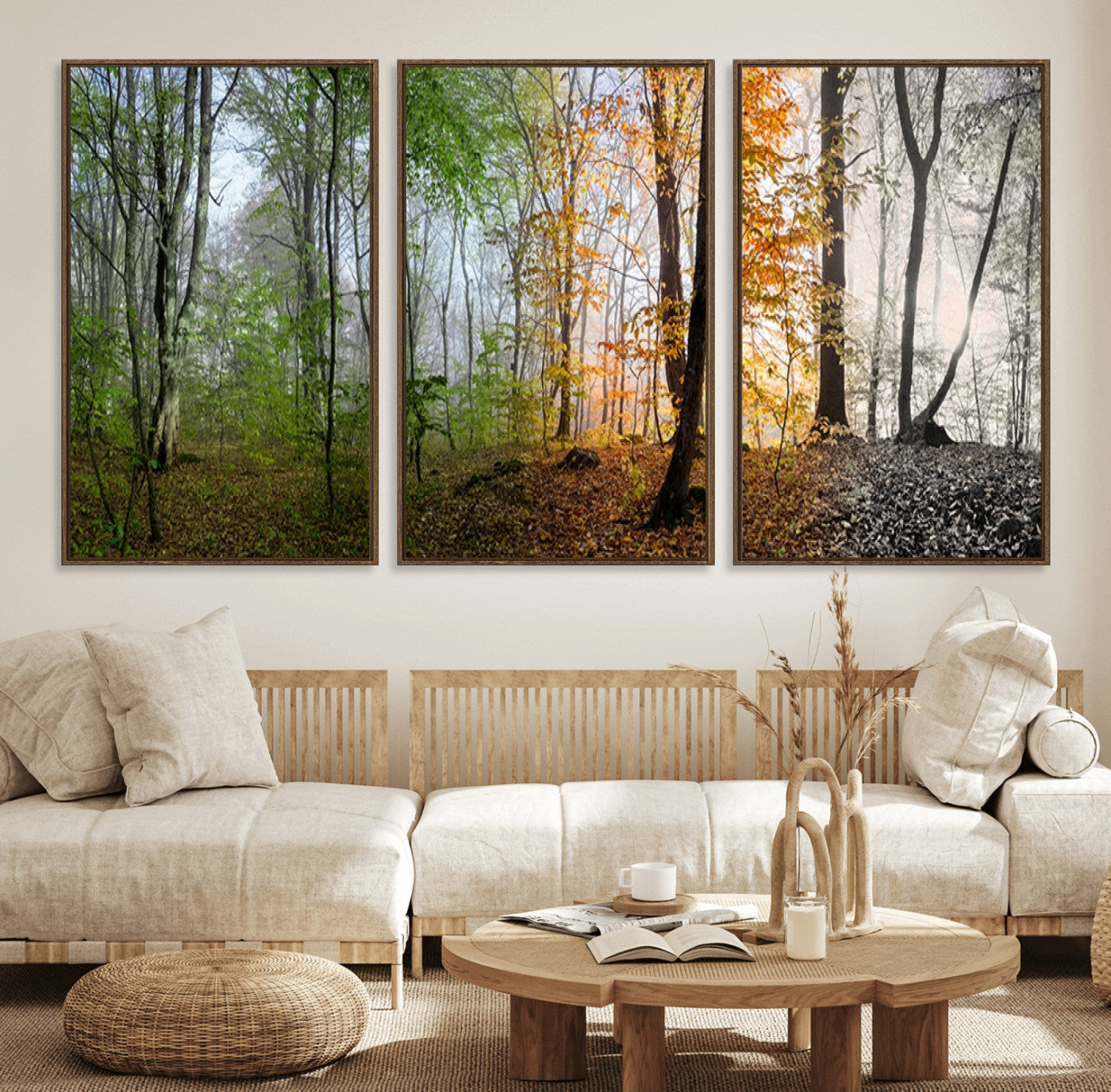 95317-MGV-FC-60X30-3P_Walnut-Four Seasons Wall Art Forest Canvas Print – Triptych Seasonal Nature Print – Landscape Decor for
