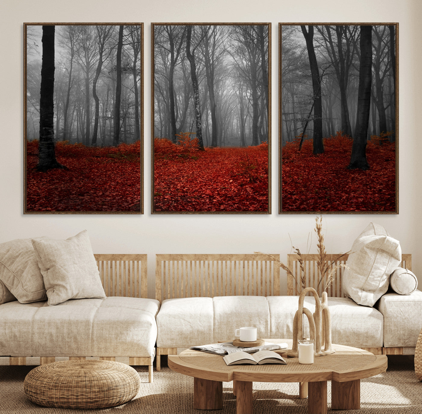 38804-MGV-FC-60X30-3P_Walnut-Red Forest Floor Canvas Wall Art – Mystical Foggy Woodland Triptych – Nature-Inspired Decor for