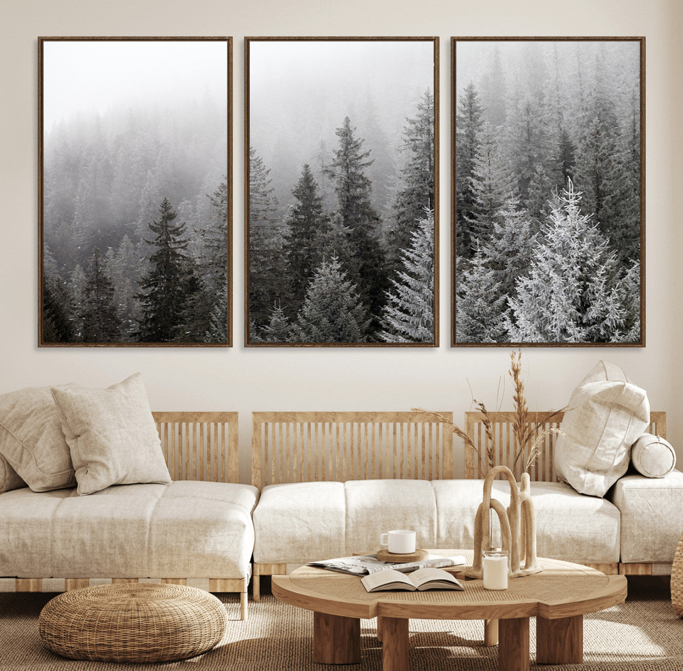 20552-MGV-FC-60X30-3P_Walnut-Big Foggy Forest and Misty Trees Forest Wall Art Canvas Print