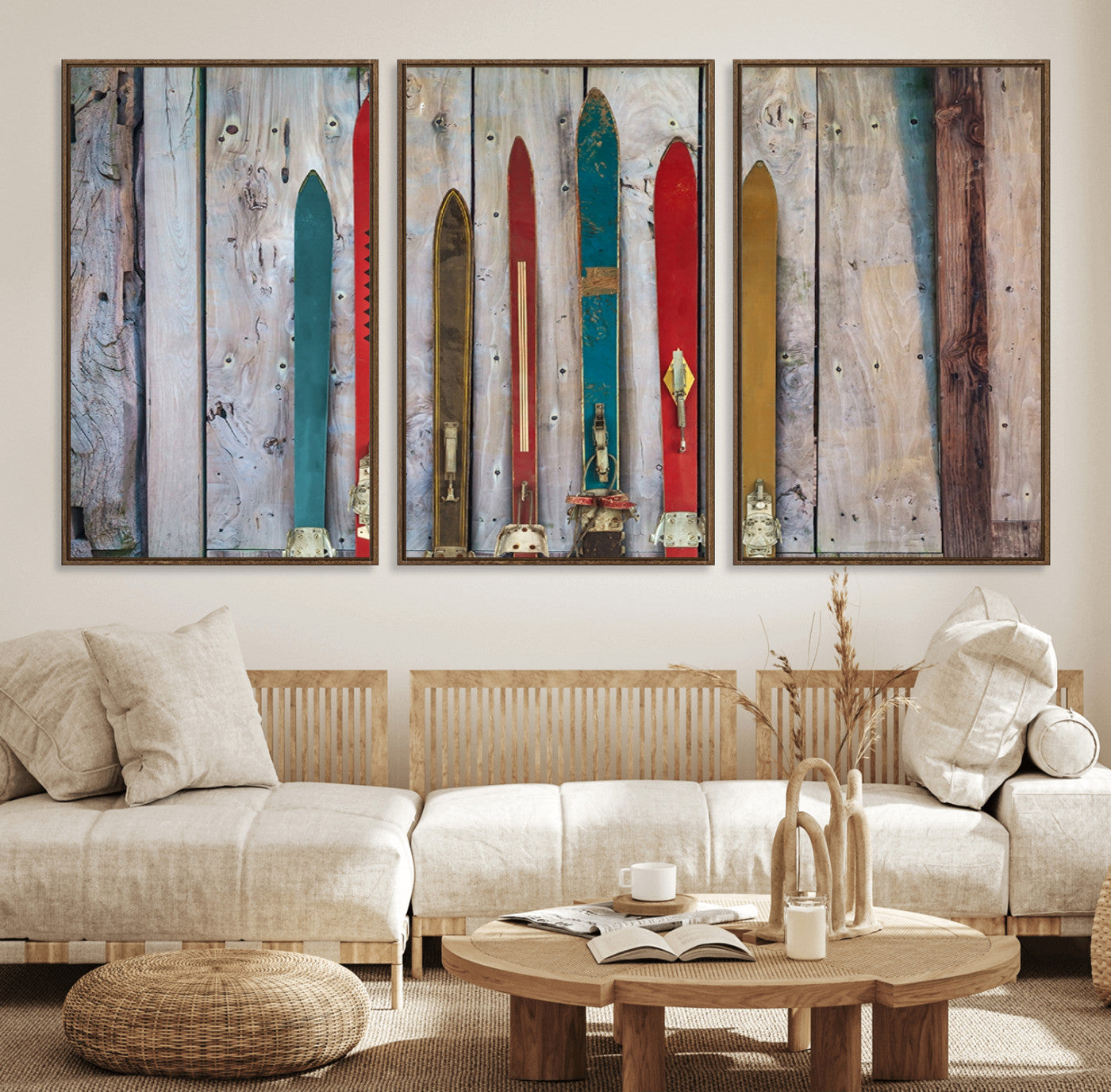 30640-MGV-FC-60X30-3P_Walnut-Vintage Wooden Weathered Ski's in Front of an Old Barn Wall Art Canvas Print for Farmhouse, Cabin