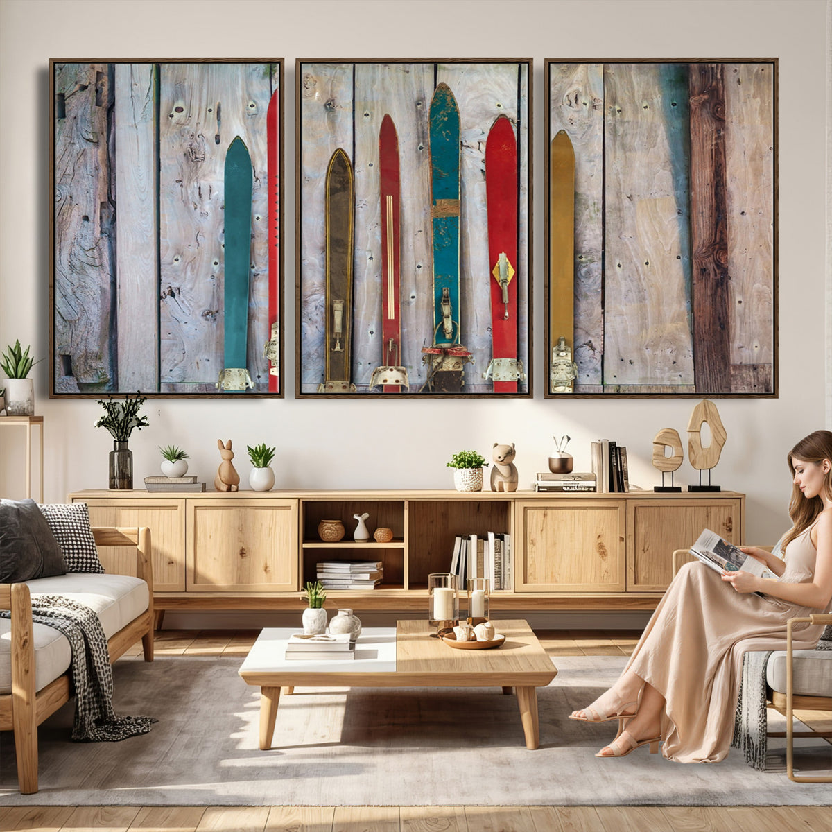 30640-MGV-CV-36X24 - Vintage Wooden Weathered Skis in Front of an Old Barn Wall Art Canvas Print