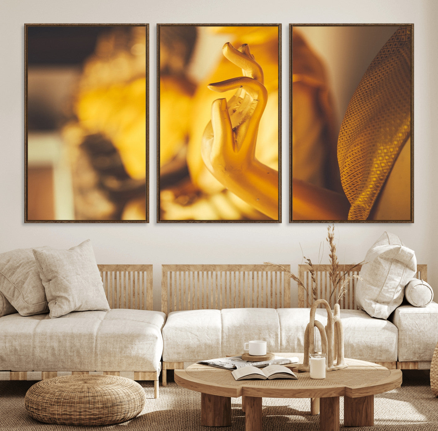 30728-MGV-FC-60X30-3P_Walnut-Gold Buddha Statue Hands Wall Art Canvas Print
