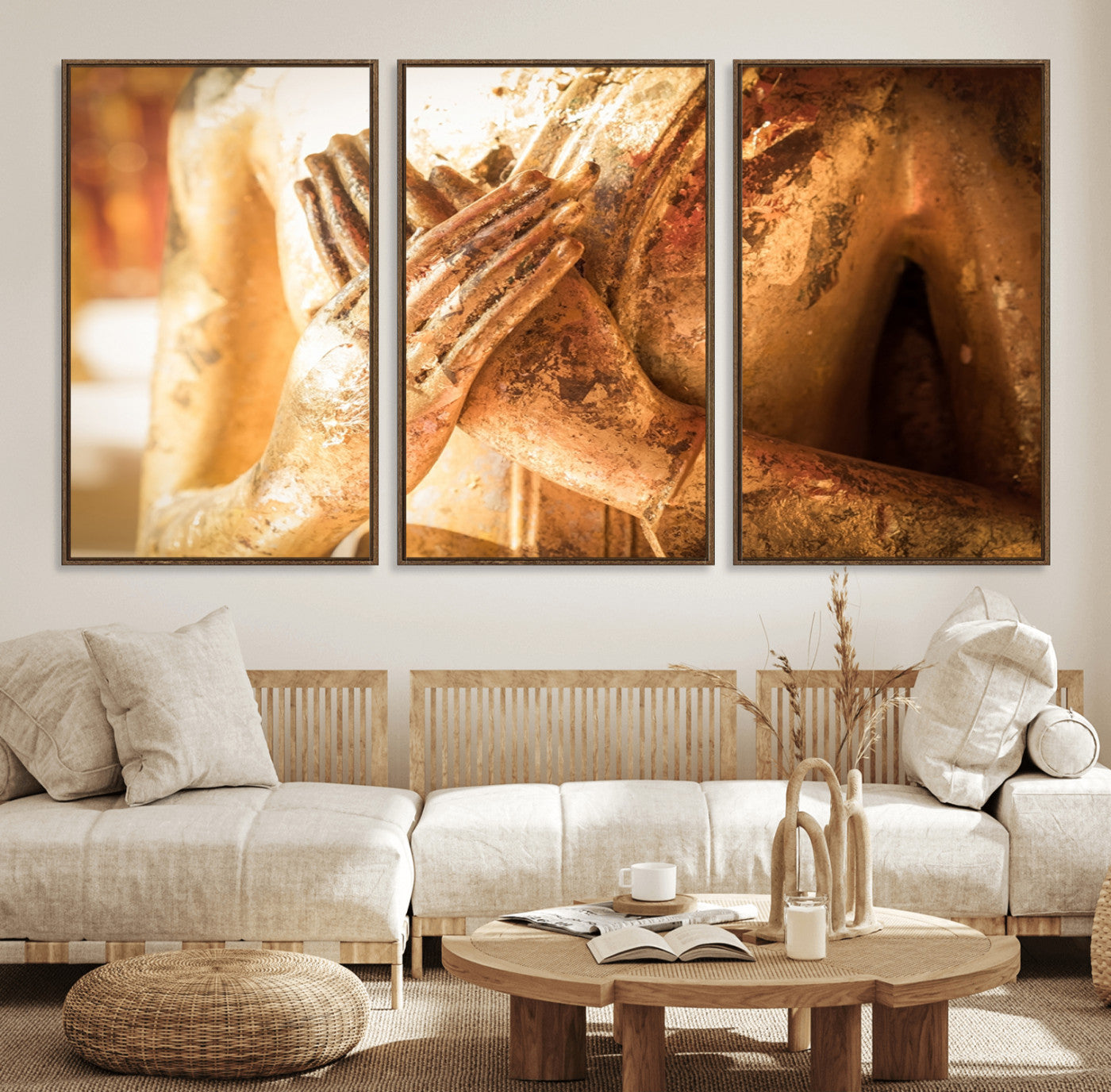 87005-MGV-FC-60X30-3P_Walnut-Buddha Statue Hands Wall Art Canvas Print