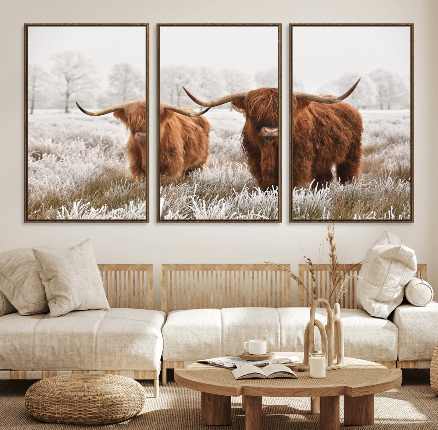60379-MGV-FC-60X30-3P_Walnut-Longhorn Cattle Wall Art Canvas Print, Framed Farmhouse Style Art Picture Print, Rustic Cow Perfect Rustic Farmhouse Decor Artwork