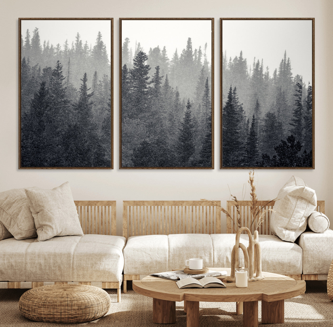 92450-MGV-FC-60X30-3P_Walnut-Misty Forest Canvas Wall Art – Monochrome Triptych Pine Tree Print – Nature-Inspired Home Decor –