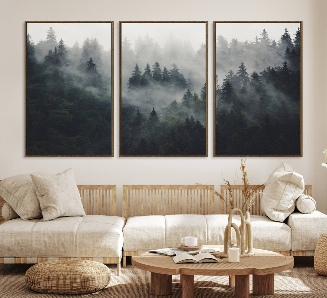 The Serene Triptych Print features tall evergreens, creating a mysterious and calming atmosphere.