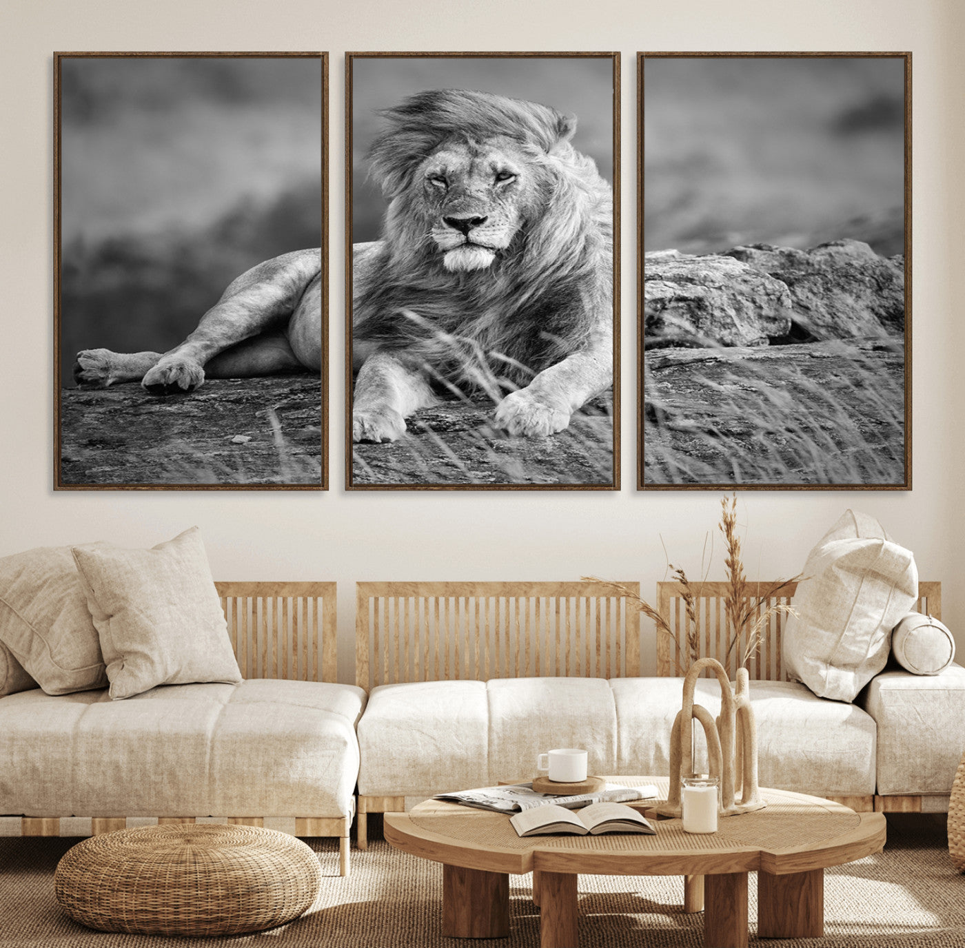 68679-MGV-FC-60X30-3P_Walnut-King Forest Lion Wall Art Canvas Print – Framed Majestic Wildlife Scene with Regal Lion Artwork for Home, Office