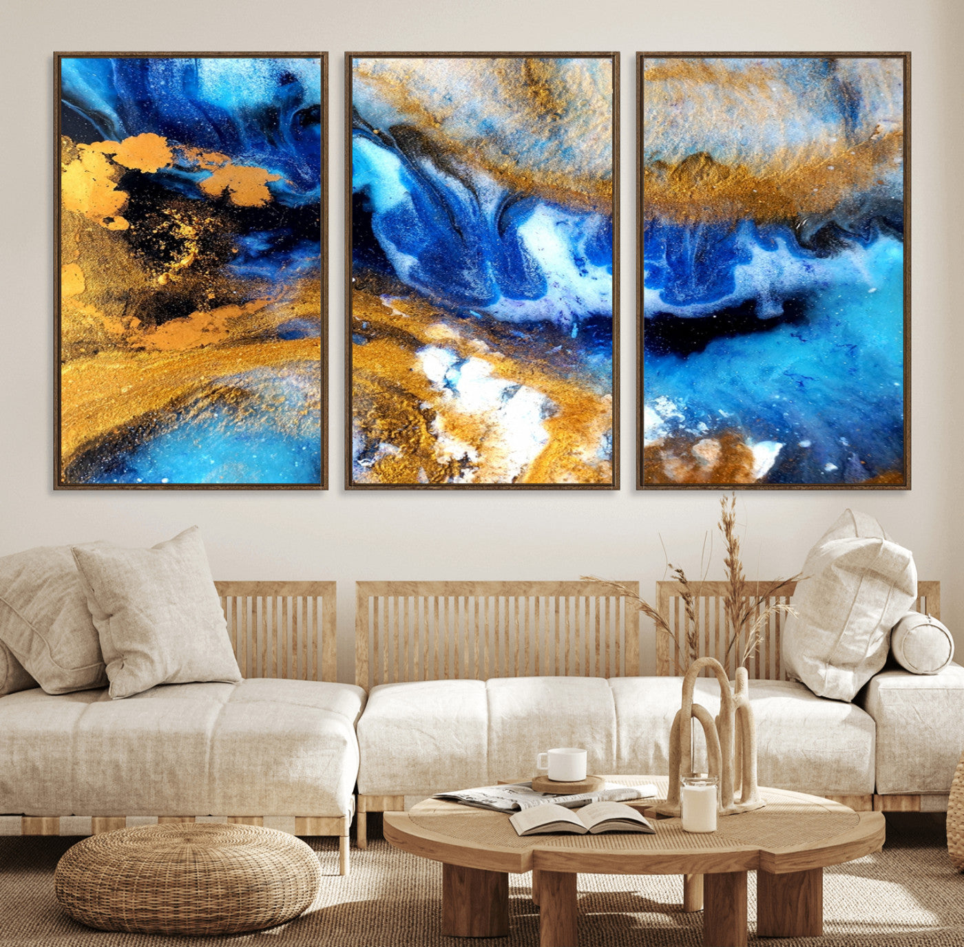 42100-MGV-CV-36X24-Blue Orange Marble Fluid Effect Canvas Wall Art Print