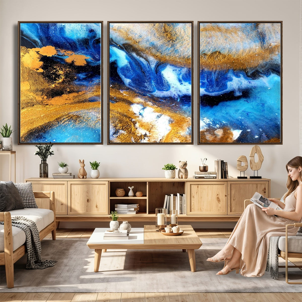 42100-_Poster-30x20 - Large Abstract Wall Art Print | Gold and Blue Abstract Canvas Wall Art