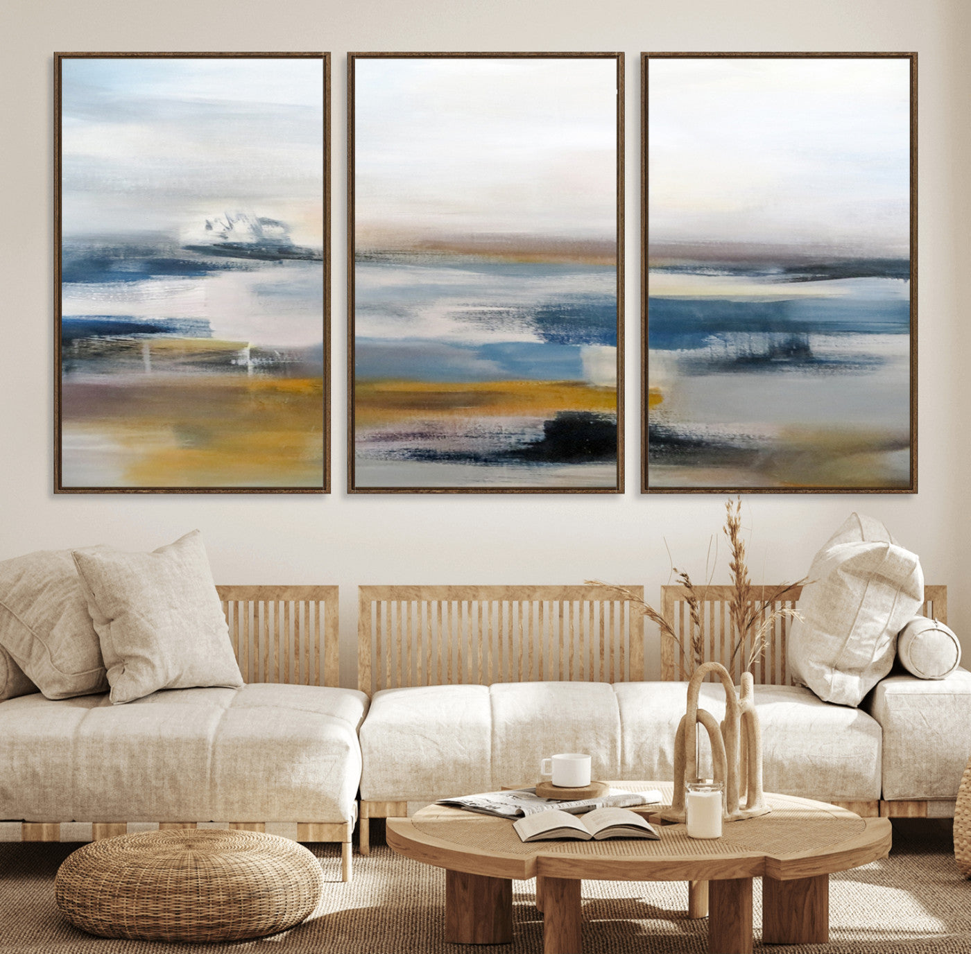 95919-MGV-FC-60X30-3P_Walnut-Abstract Landscape Wall Art Canvas | 3 Panel Modern Blue, Gold, and White Canvas Art for Living