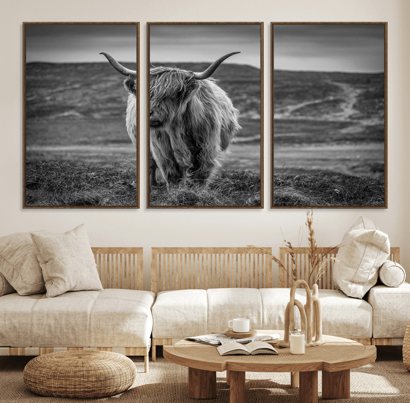 MGV-FC-60X30-3P - Fluffy Cattle Wall Art Print, Highland Cow Canvas, Framed Black and white Wall Art