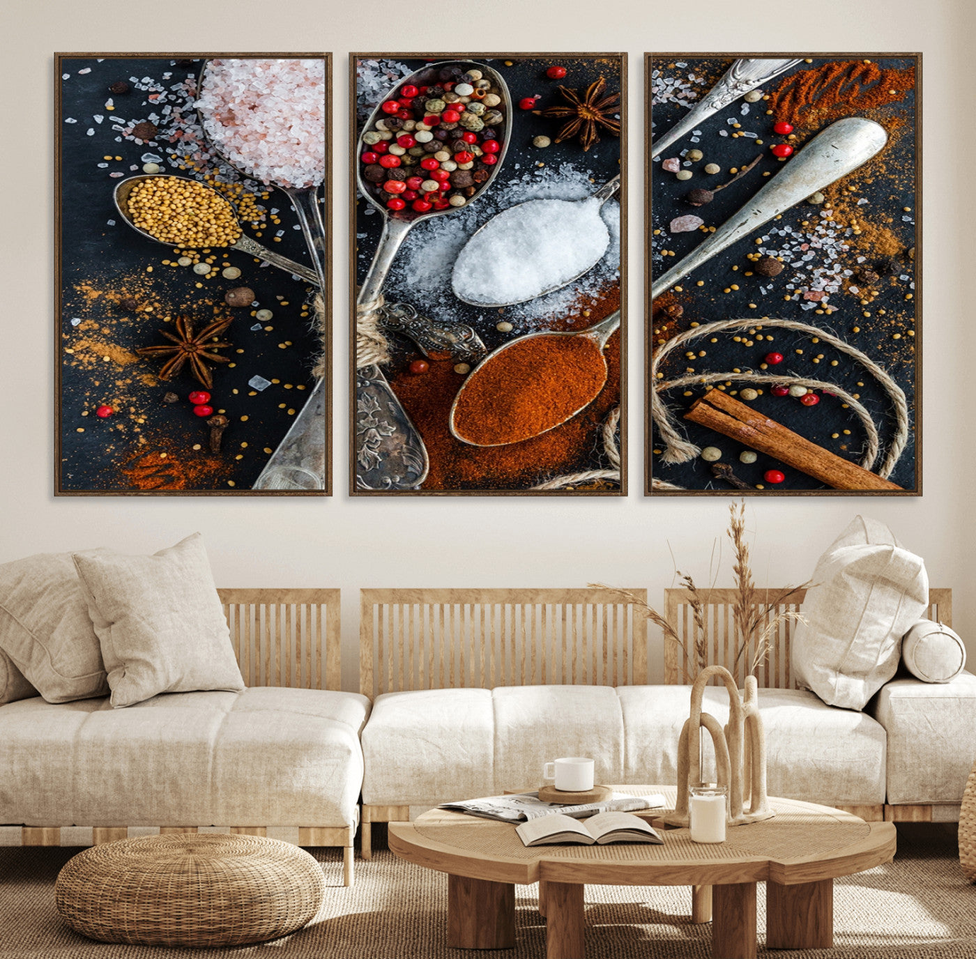 88449-MGV-FC-60X30-3P_Walnut-Spices and Seasonings Canvas Wall Art – Colorful Triptych Kitchen Decor – Culinary Art for Dining