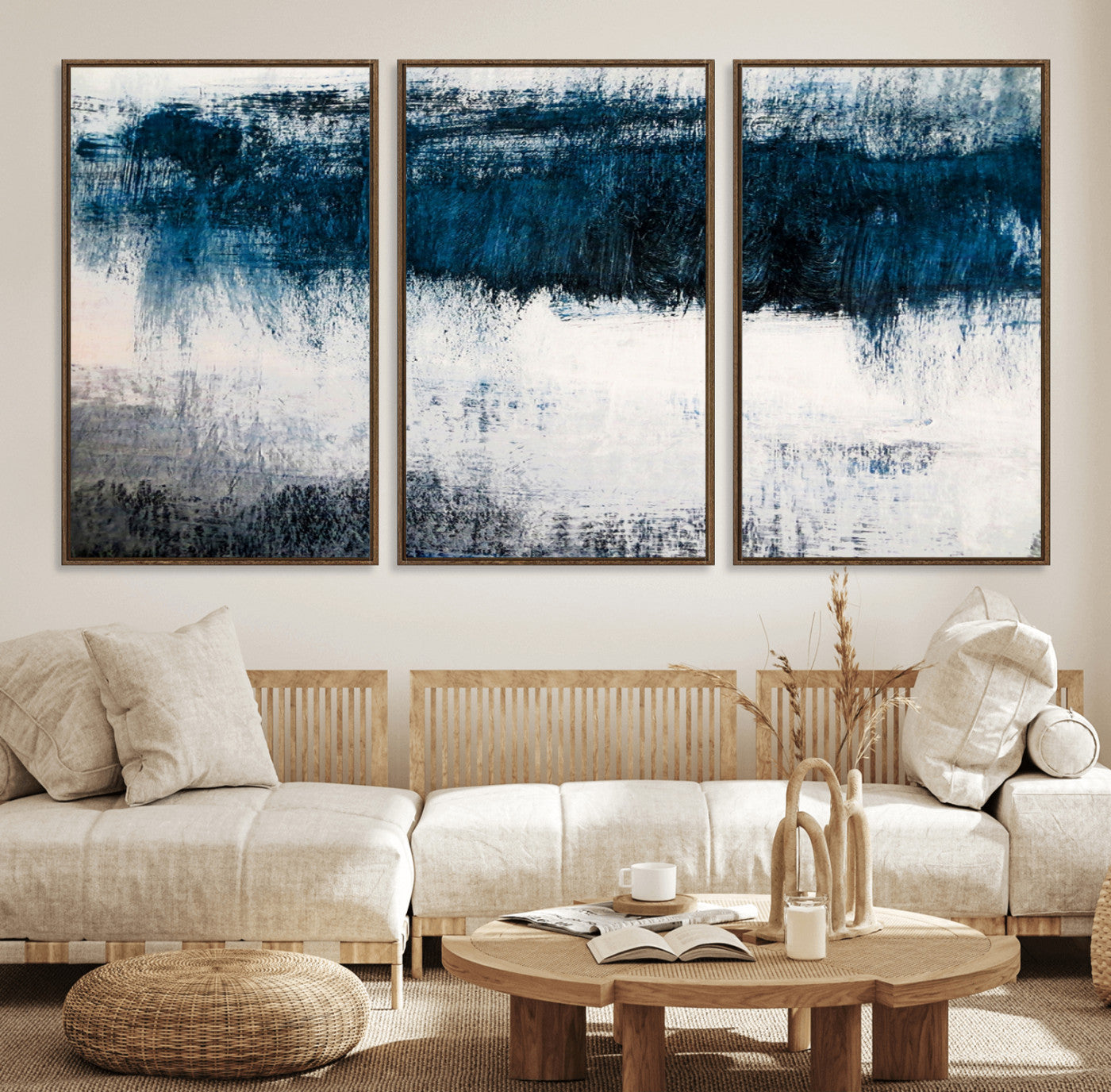 38954-MGV-FC-60X30-3P_Walnut-Abstract Blue and White Canvas Art | Large Wall Art for Modern Living Room Decor | Minimalist