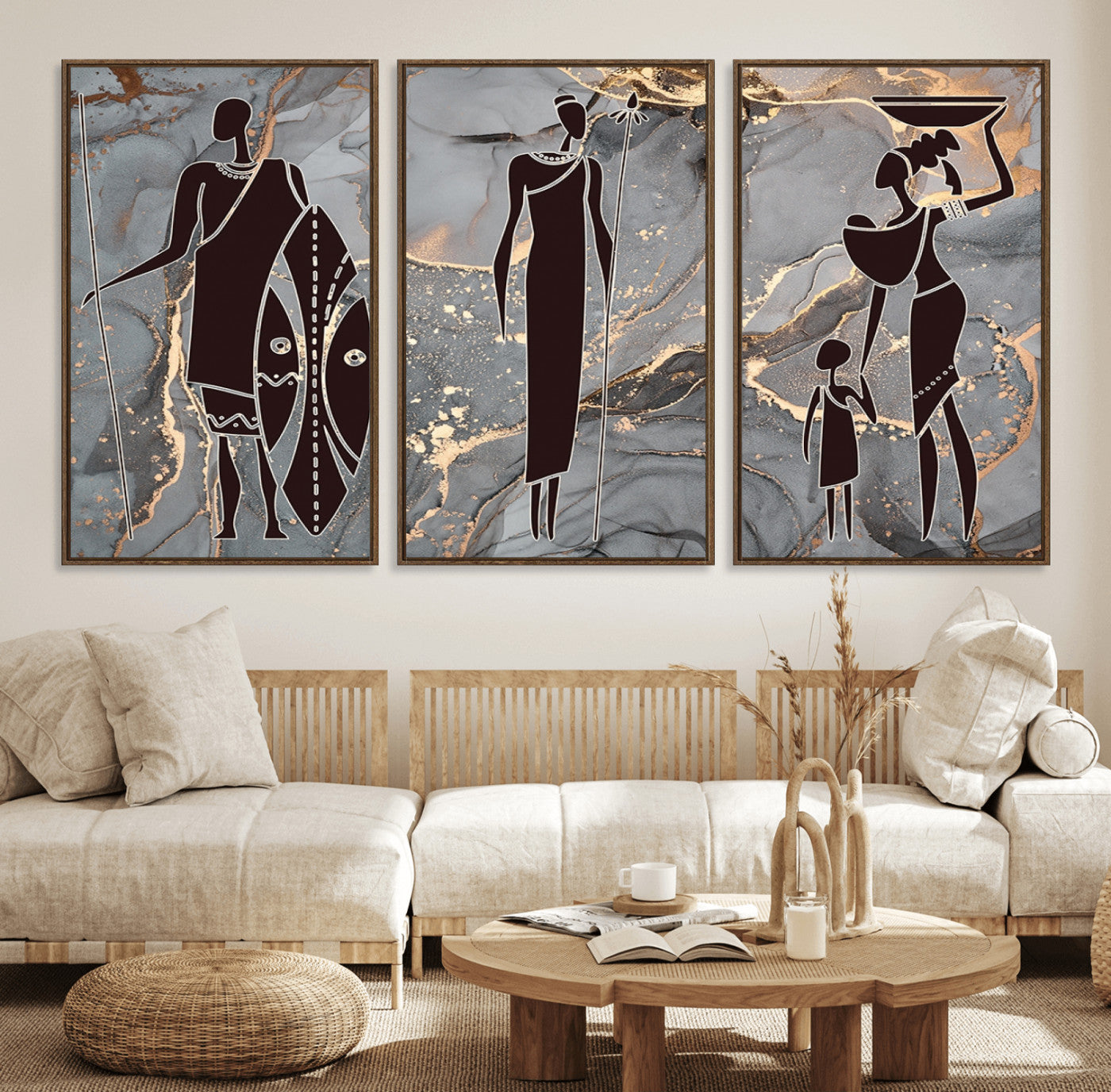 81756-MGV-FC-60X30-3P_Walnut-African American Wall Art – Elegant African Women Canvas Print, Modern Ethnic Painting for Living Room or Office Decor