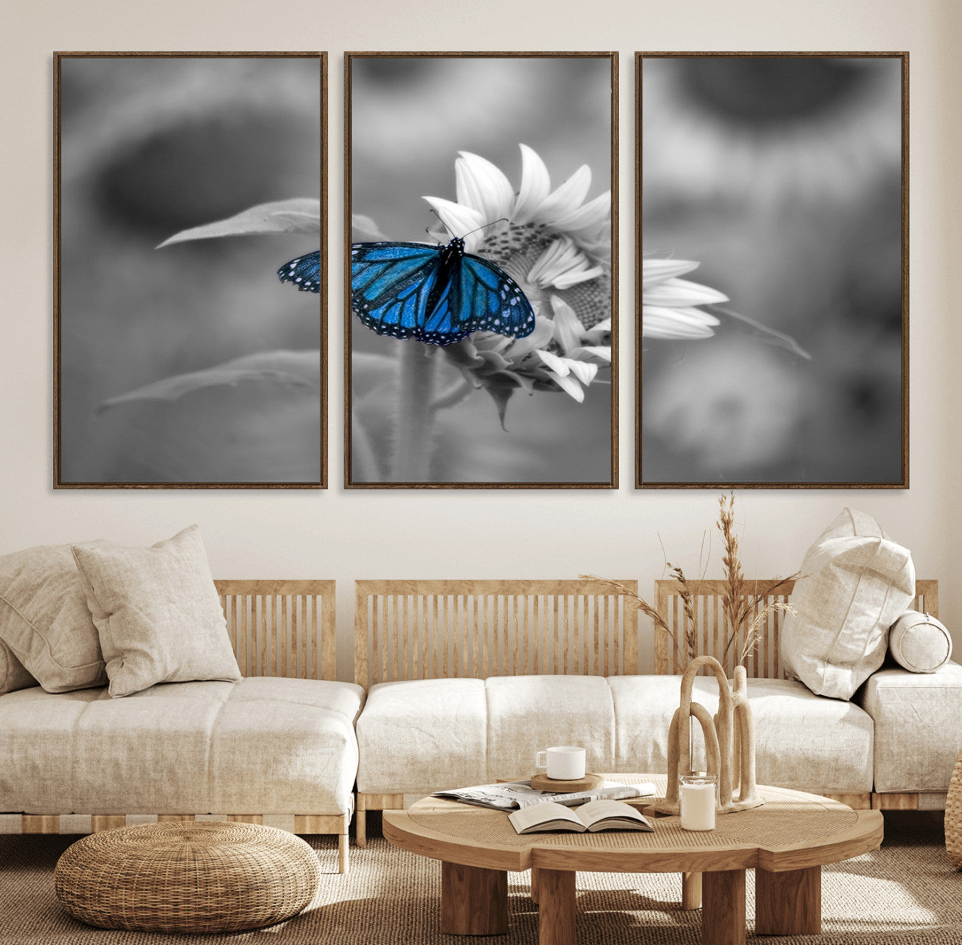 41965-MGV-FC-60X30-3P_Walnut-Blue Butterfly Black and White Canvas Wall Art