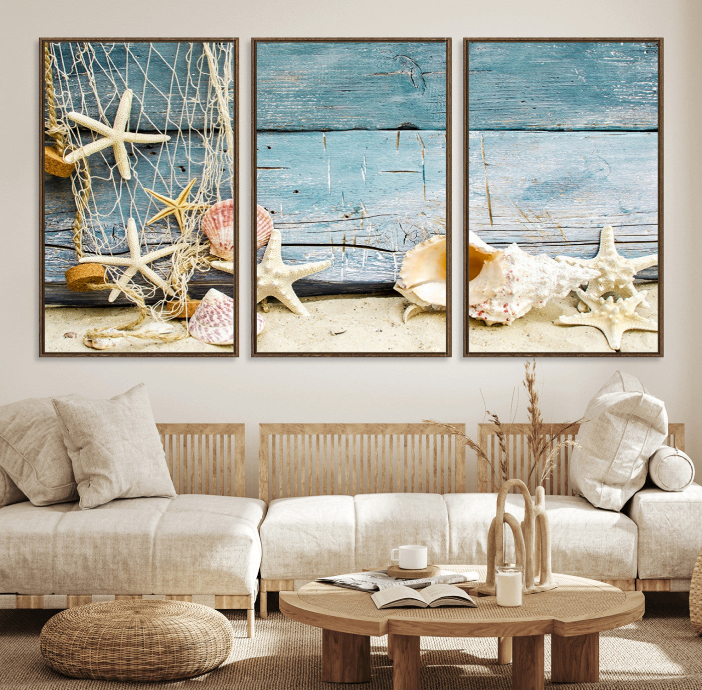 88448-MGV-FC-60X30-3P_Walnut-Seashells on Rustic Wooden Background, Seashells Wall Art Canvas Print