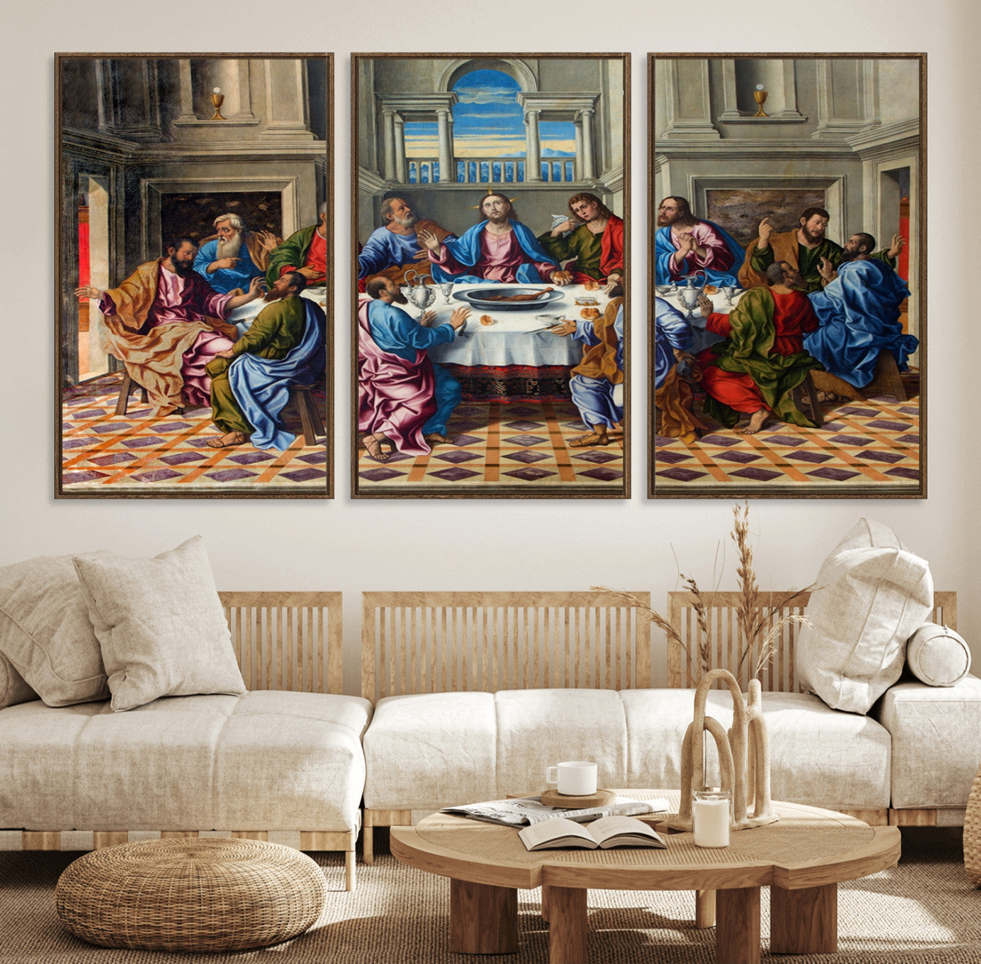 18691-MGV-FC-60X30-3P_Walnut-The Last Supper Multi Panel Canvas Wall Art